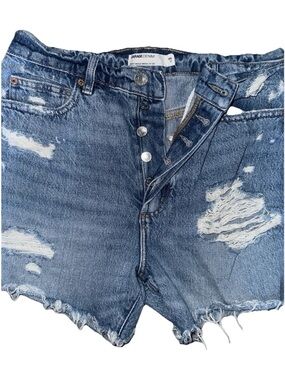 Garage Denim Distressed High-Rise Button-Fly Jean Shorts - Blue Size 5